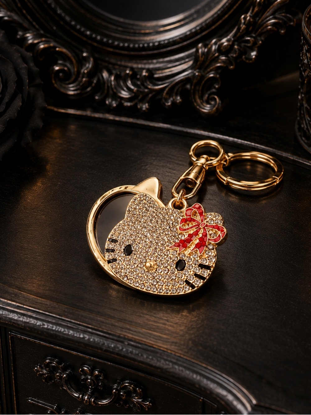 Hello Kitty Rhinestone Mirror Bag Charm Keychain Gold Tone NWT